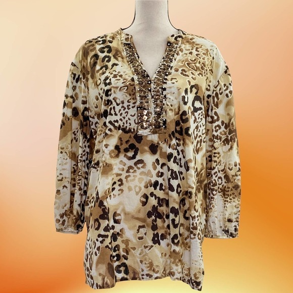 Jm Collection Leopard Print Embellished L/S Blouse - Picture 11 of 11